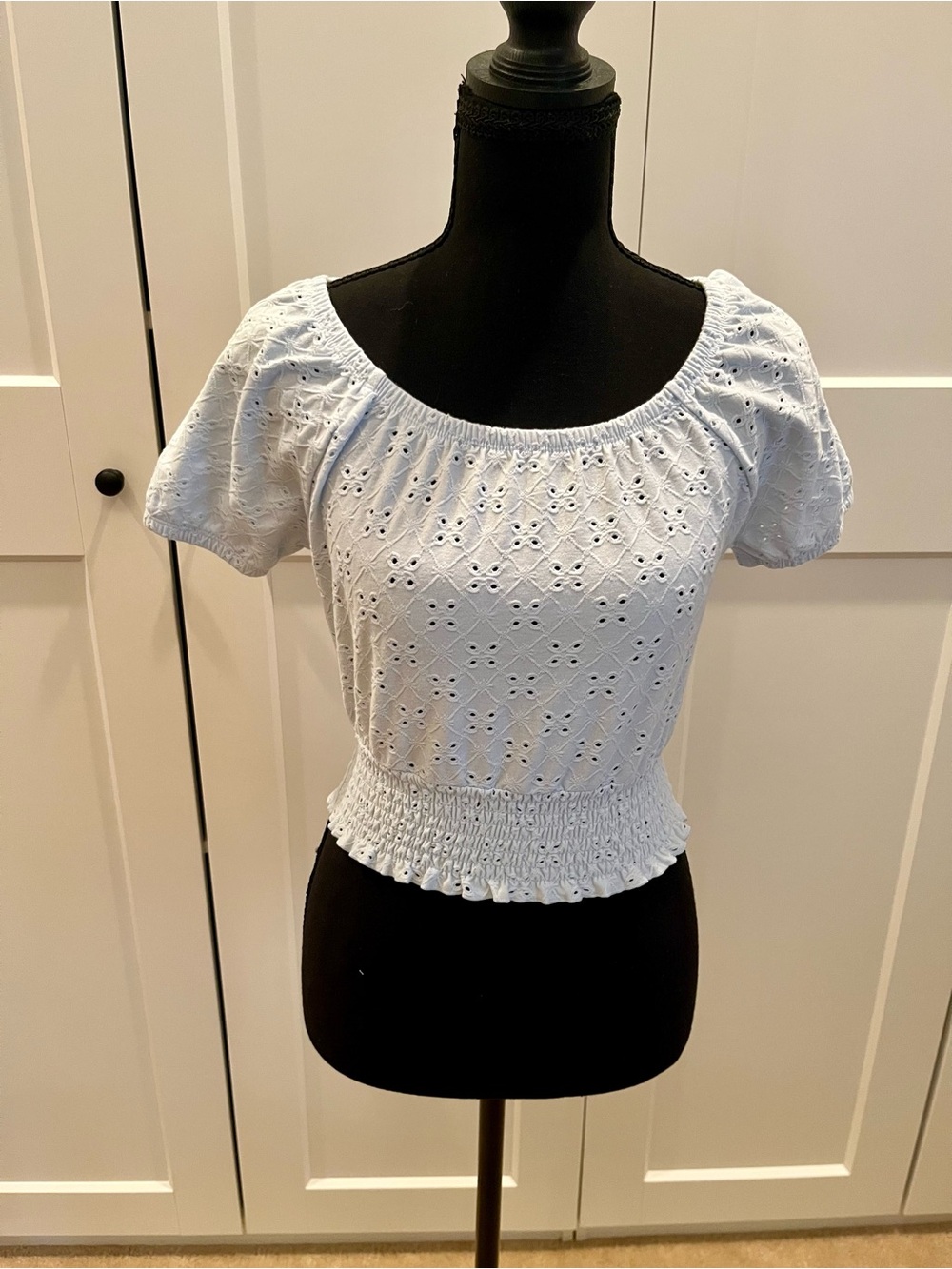 SO Light Blue Eyelet Smocked Crop Top with Puff Sleeves & Round Neckline Size S